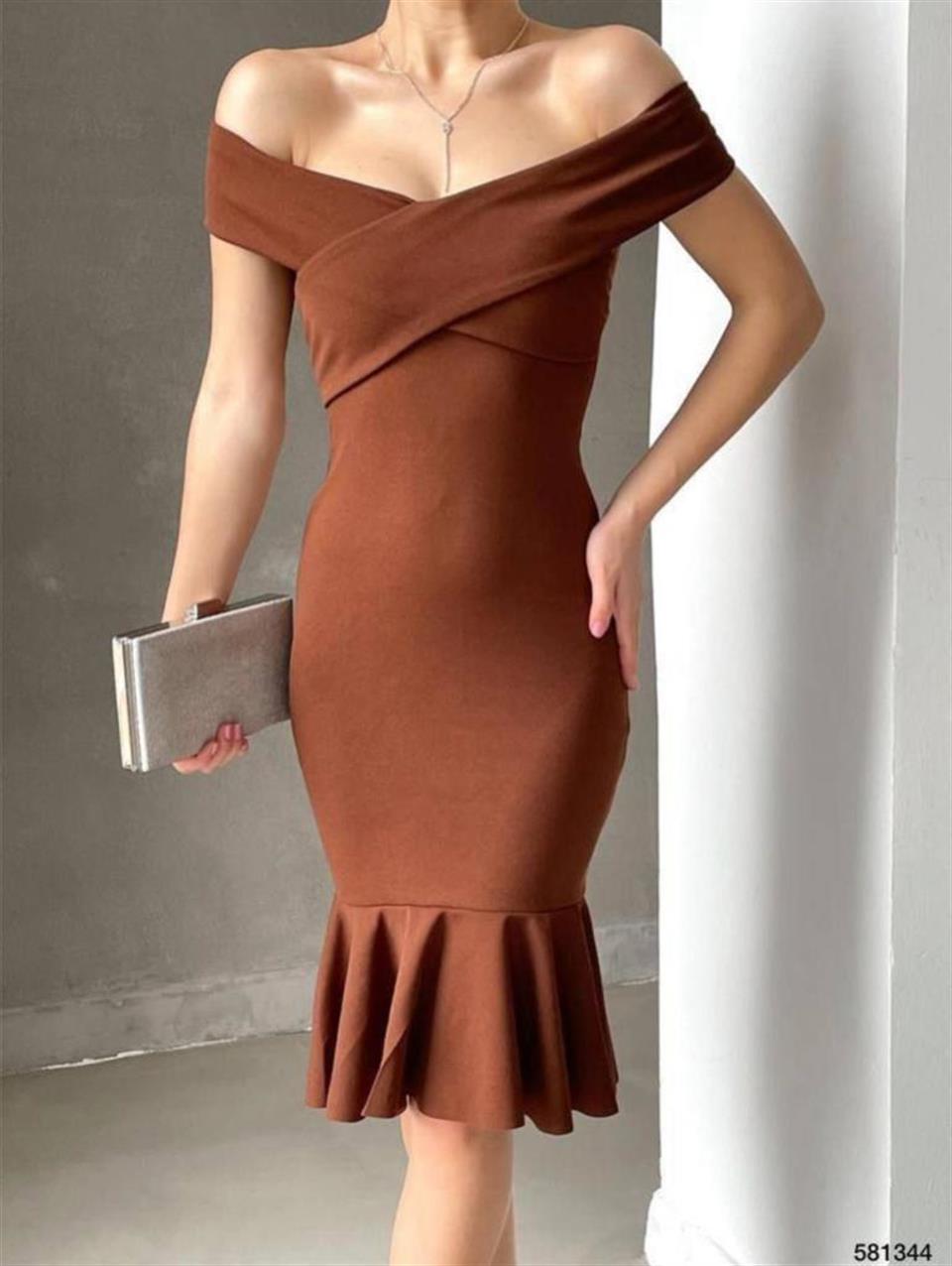 Crep Dokuma Kumaş Çapraz Yaka Full Likralı Eteği Volanlı Elbise