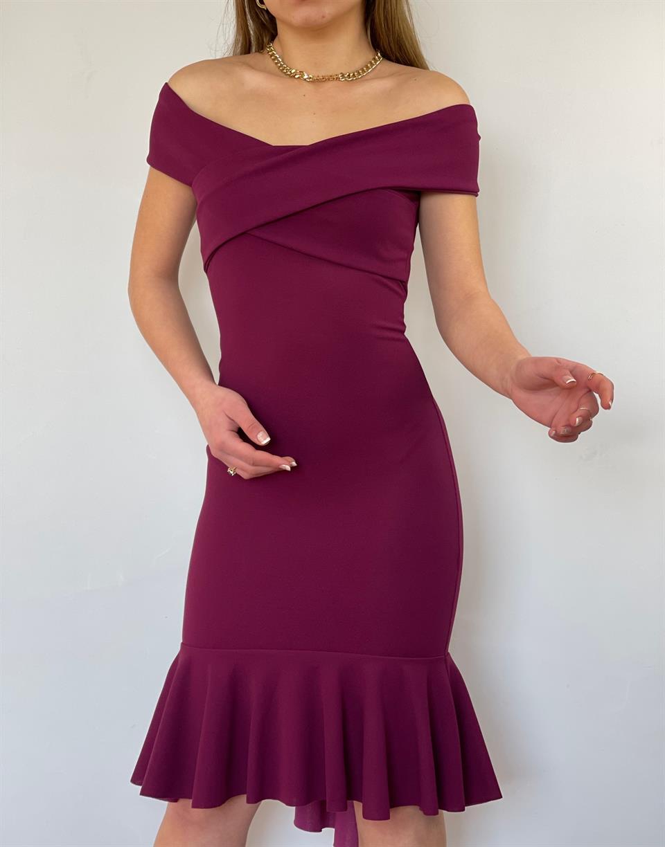 Crep Dokuma Kumaş Çapraz Yaka Full Likralı Eteği Volanlı Elbise