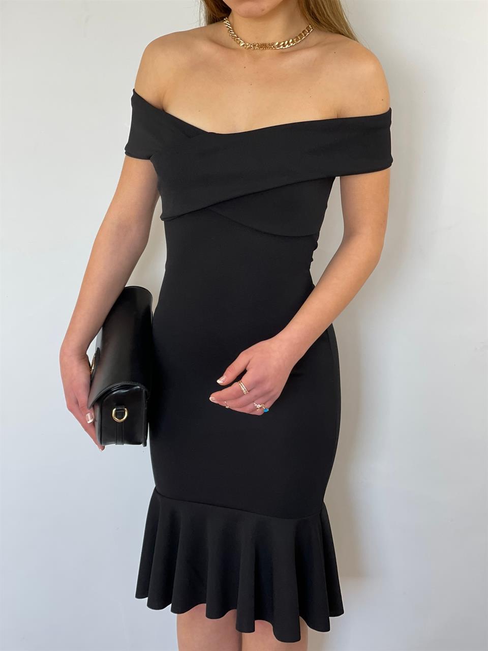 Crep Dokuma Kumaş Çapraz Yaka Full Likralı Eteği Volanlı Elbise