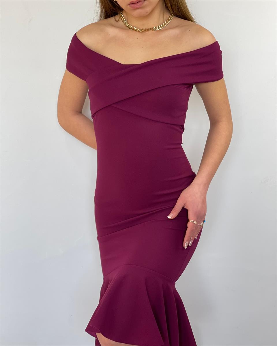 Crep Dokuma Kumaş Çapraz Yaka Full Likralı Eteği Volanlı Elbise