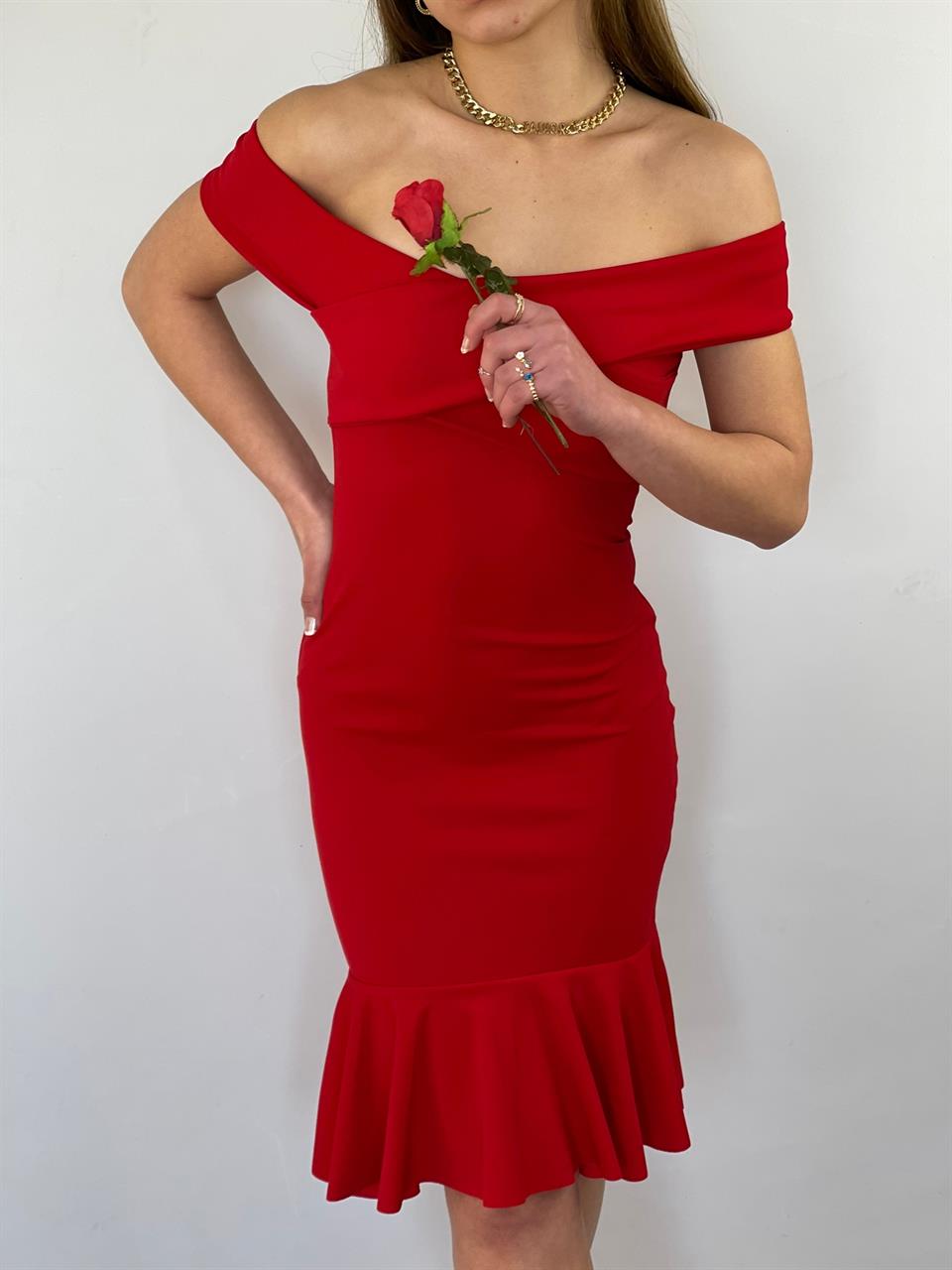 Crep Dokuma Kumaş Çapraz Yaka Full Likralı Eteği Volanlı Elbise