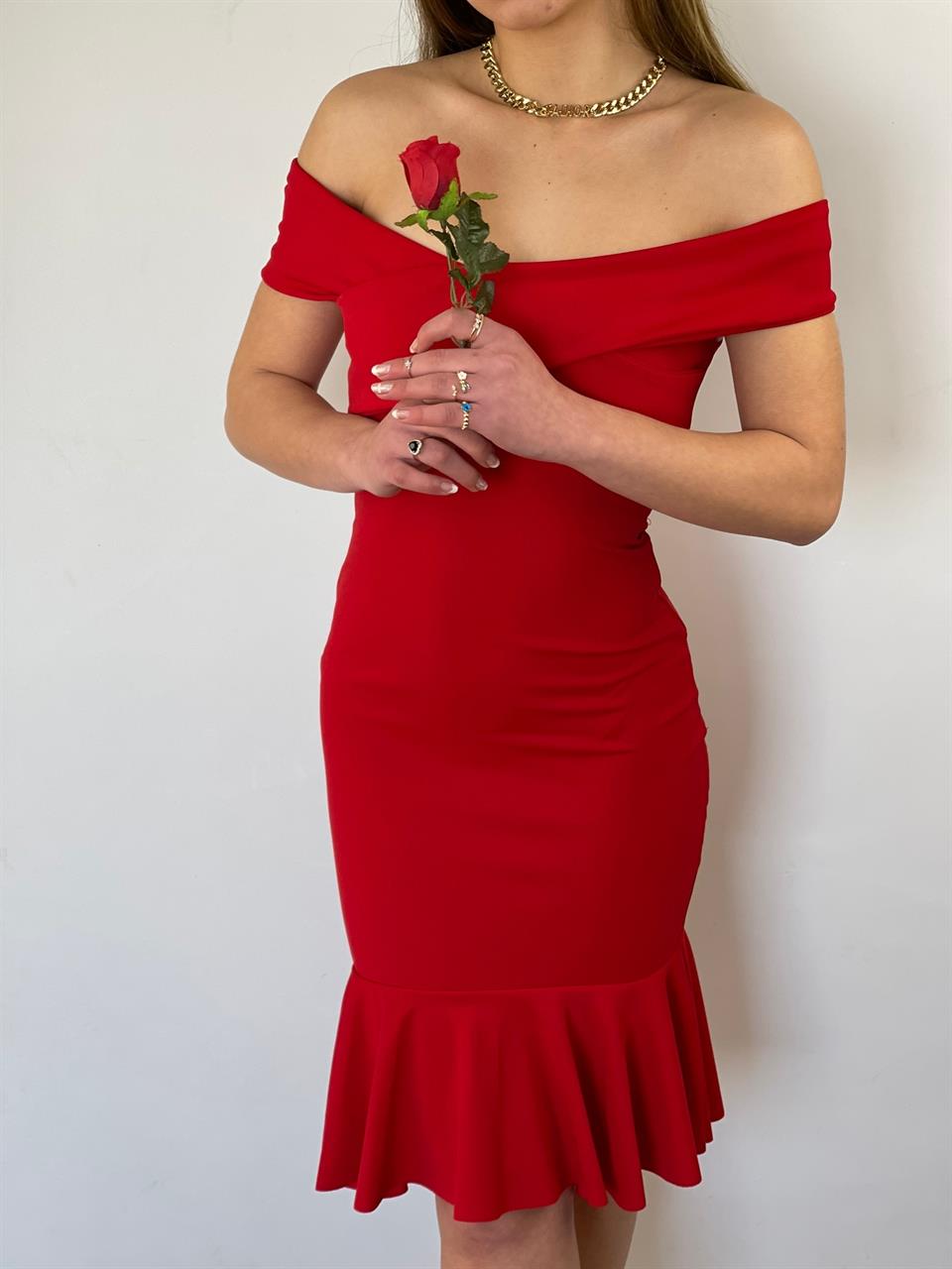 Crep Dokuma Kumaş Çapraz Yaka Full Likralı Eteği Volanlı Elbise