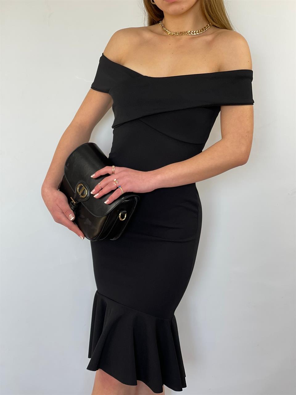 Crep Dokuma Kumaş Çapraz Yaka Full Likralı Eteği Volanlı Elbise