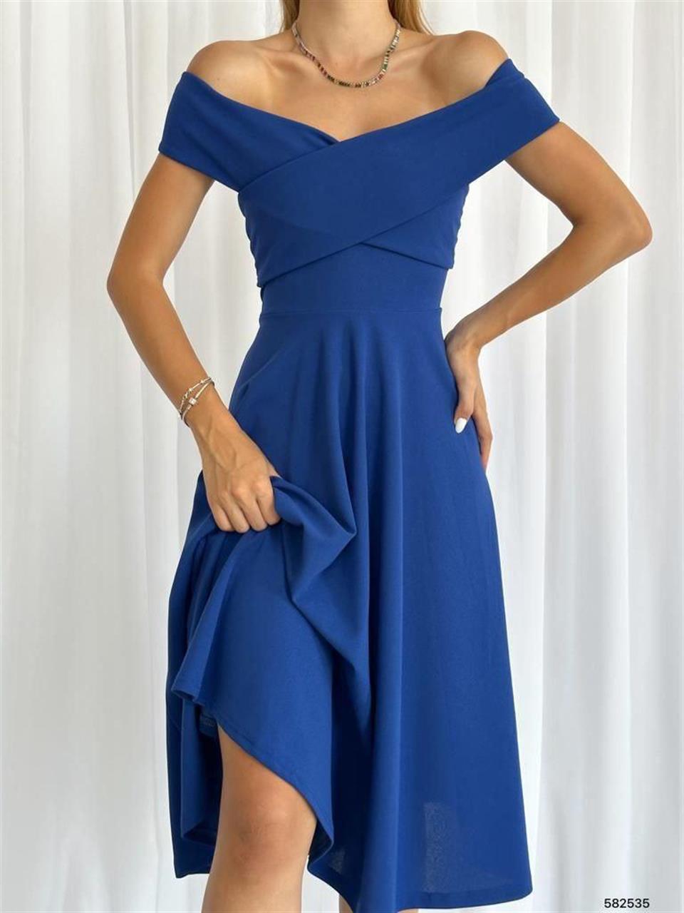 Crep Dokuma Kumaş Çapraz Yaka Midi Boy Elbise