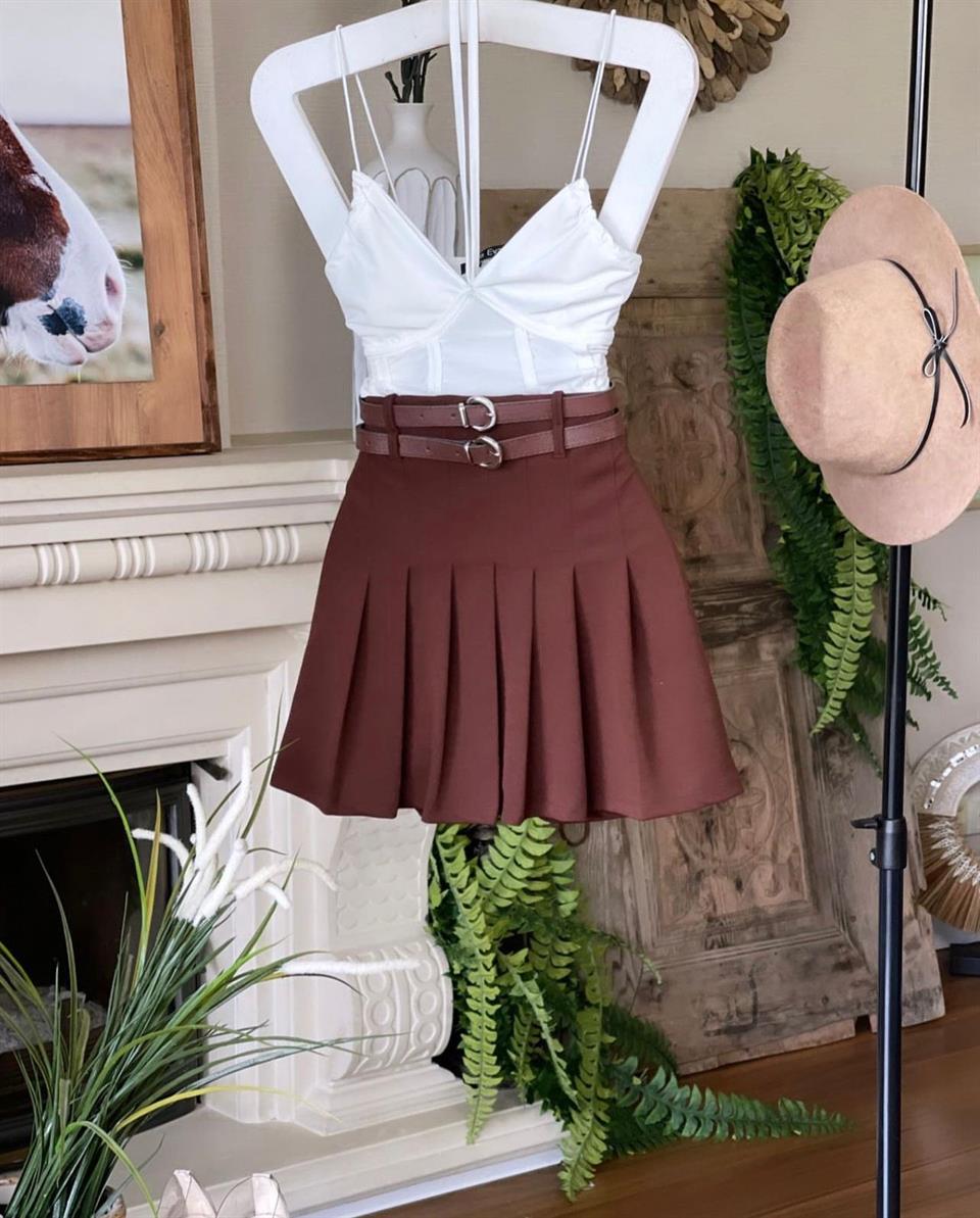 Crep Dokuma Kumaş Çift Kemerli Pileli Mini Etek