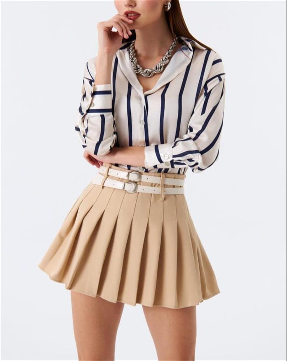 Crep Dokuma Kumaş Çift Kemerli Pileli Mini Etek