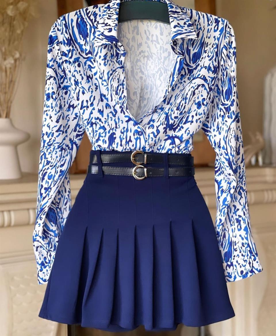 Crep Dokuma Kumaş Çift Kemerli Pileli Mini Etek