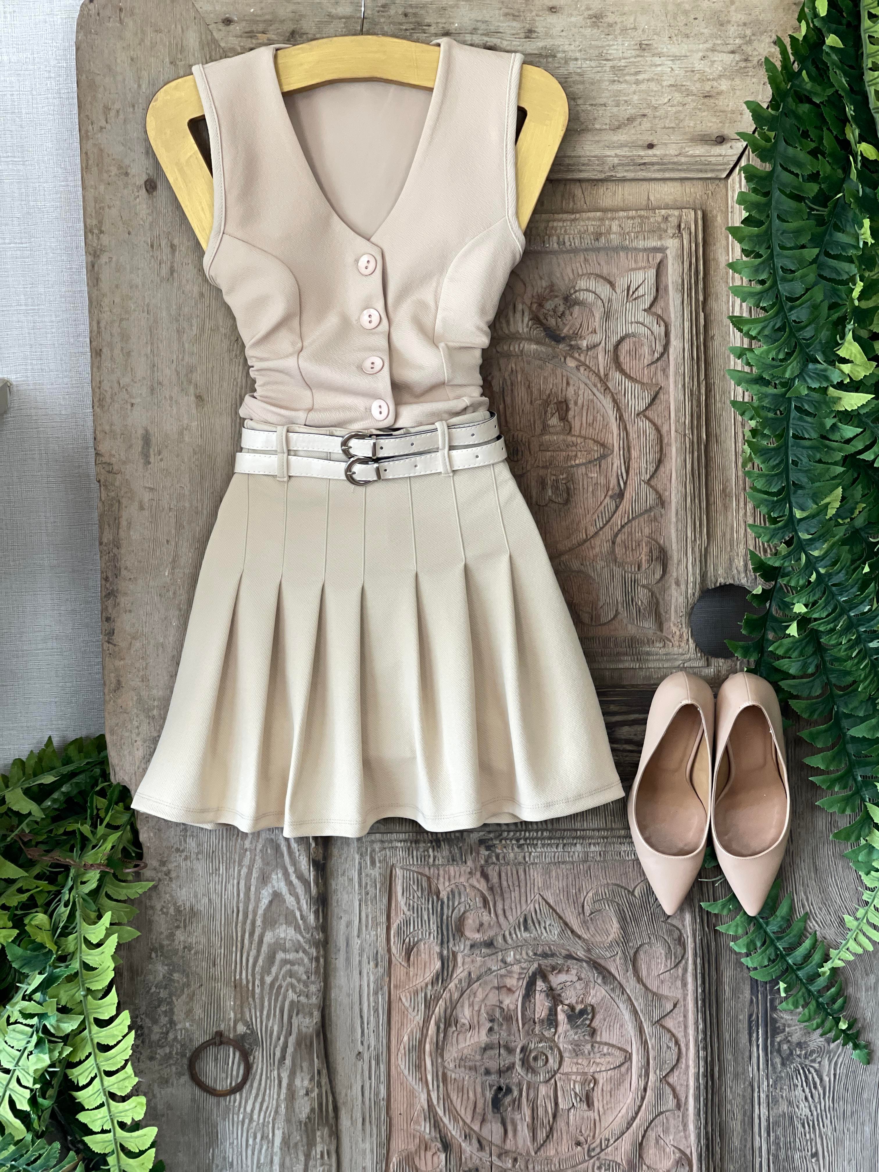 Crep Dokuma Kumaş Çift Kemerli Pileli Mini Etek