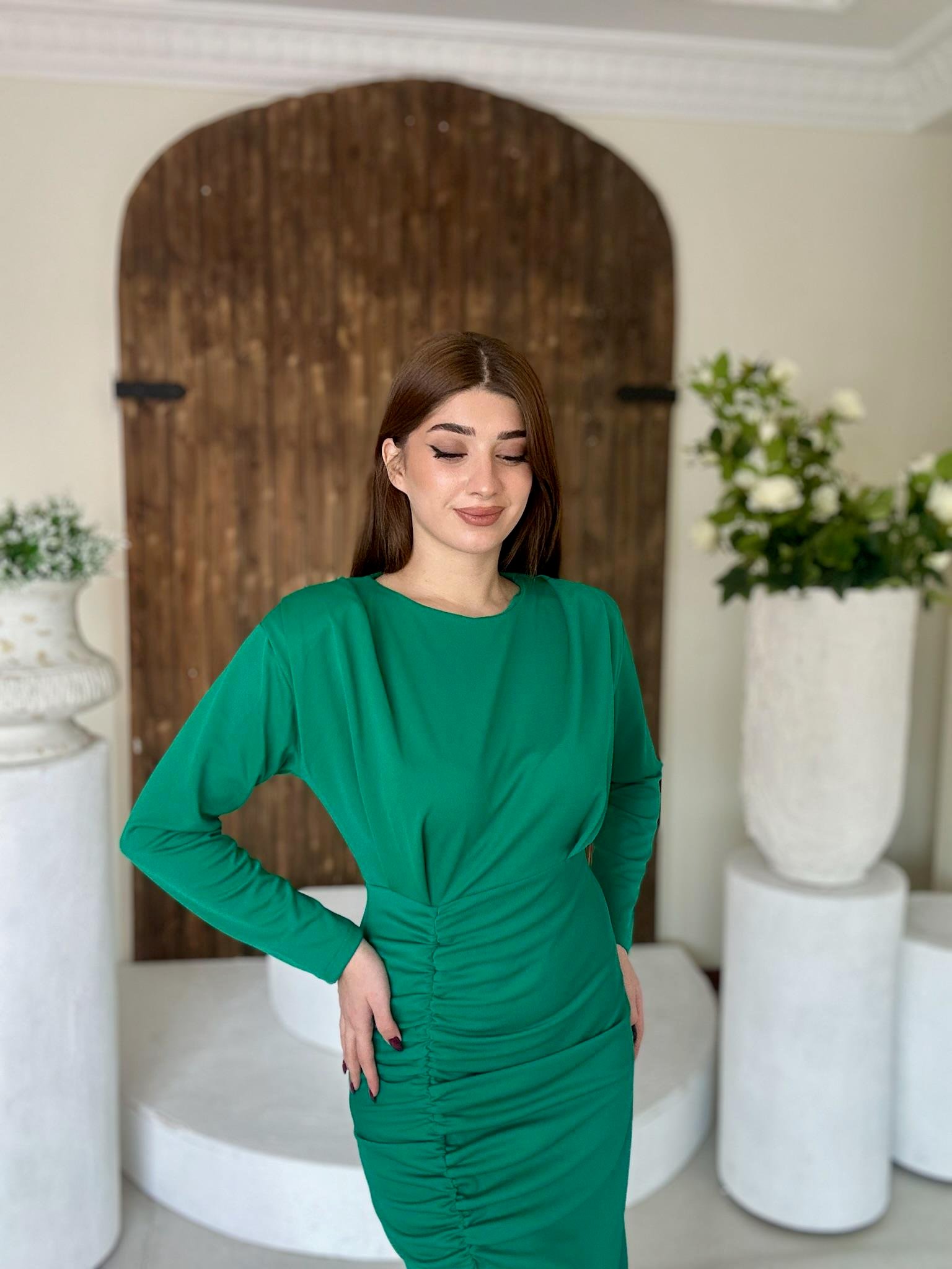 Crep Dokuma Kumaş Drape Detaylı Tasarım Elbise