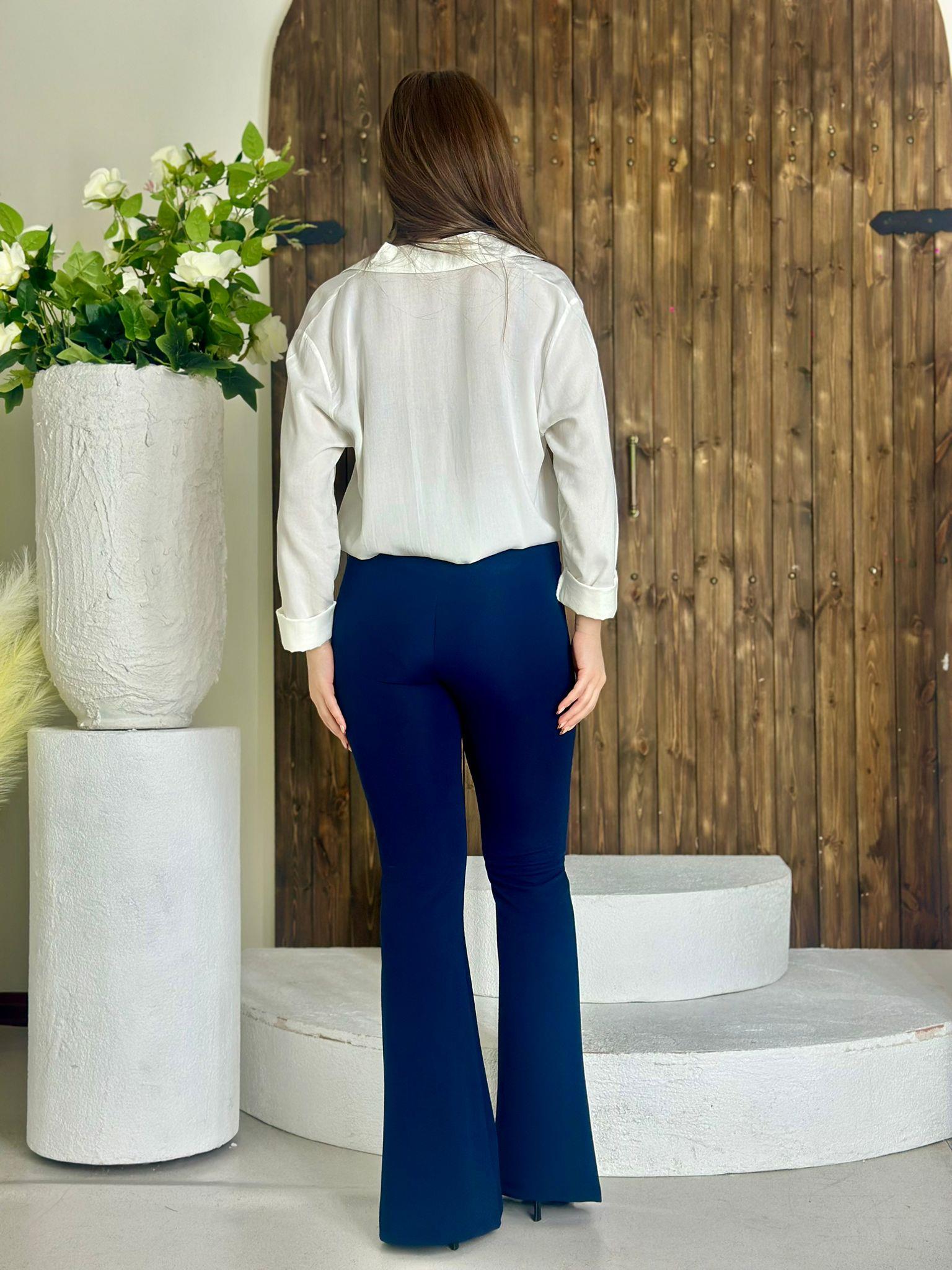 Crep Dokuma Kumaş Full likralı Çimalı İspanyol Paça Pantolon Lacivert