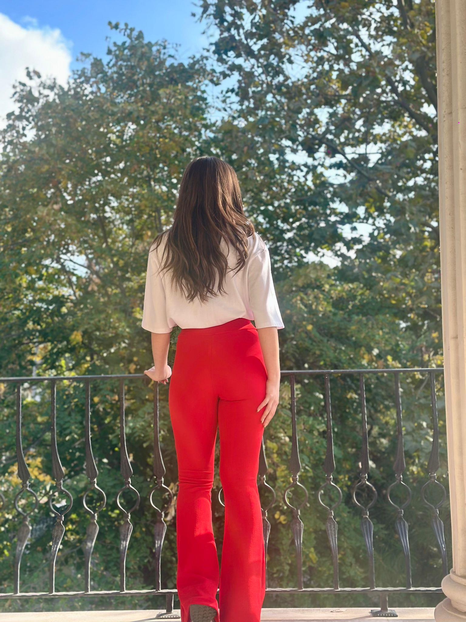 Crep Dokuma Kumaş Full likralı Çimalı İspanyol Paça Pantolon Kırmızı