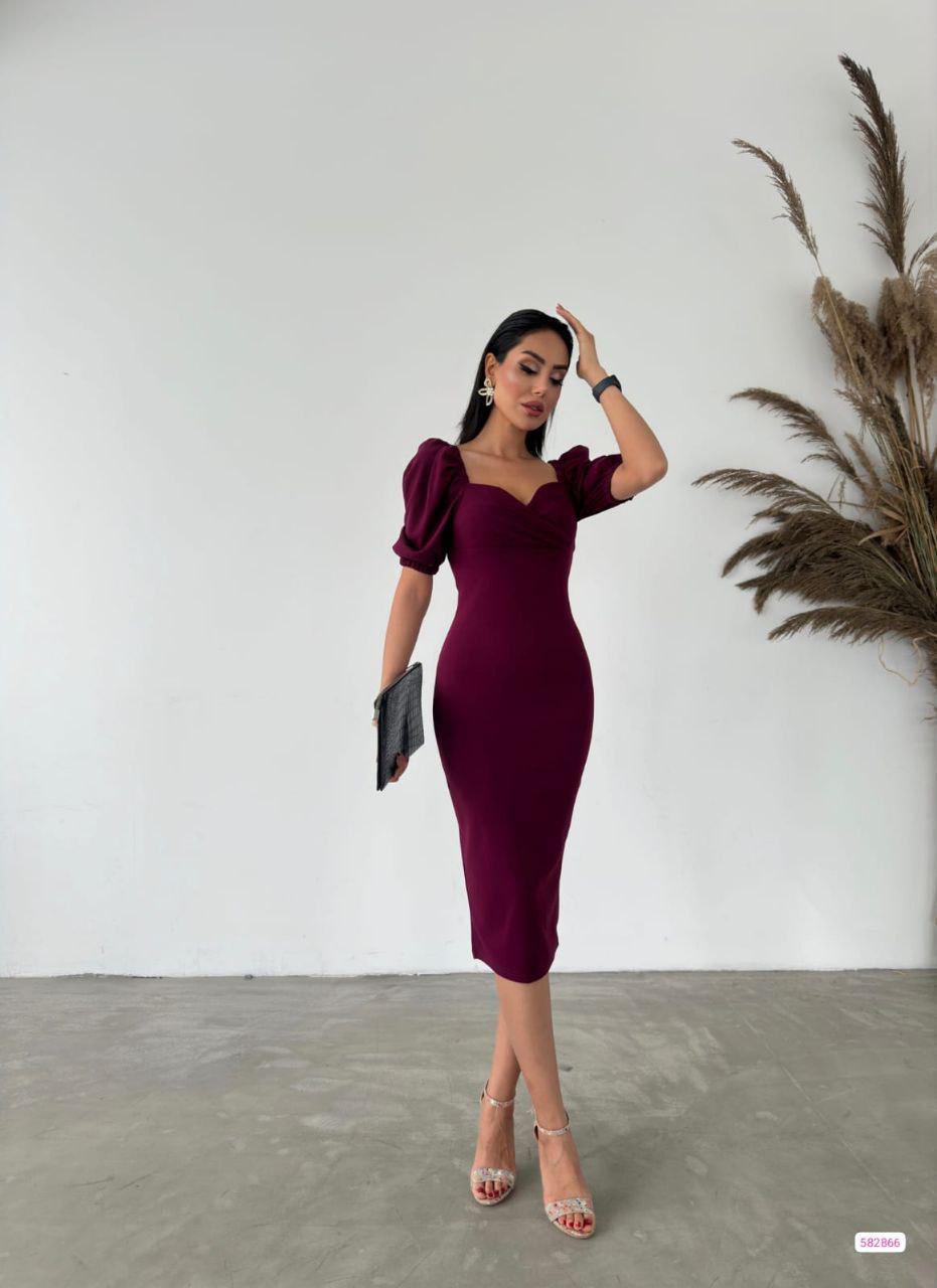 Crep Dokuma Kumaş Kalp Yaka Kalem Elbisemiz