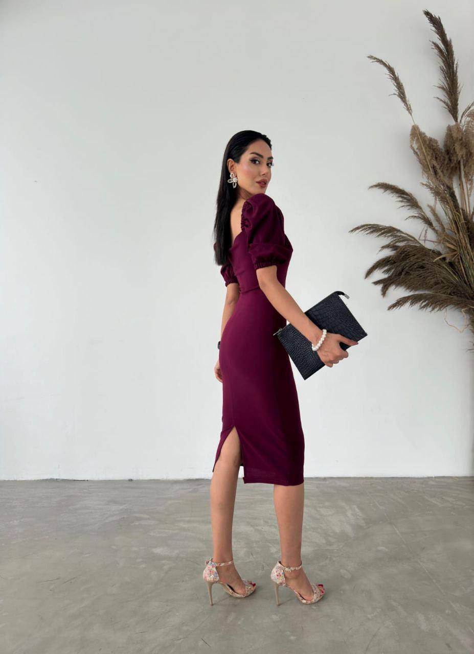 Crep Dokuma Kumaş Kalp Yaka Kalem Elbisemiz