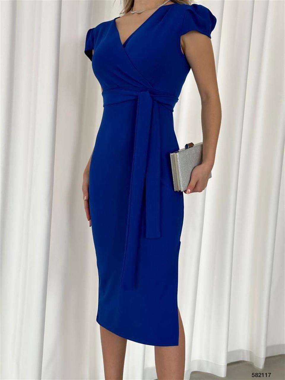 Crep Dokuma Kumaş Kruvaze Yaka Kuşaklı Yan Yırtmaçlı Kalem Elbise 