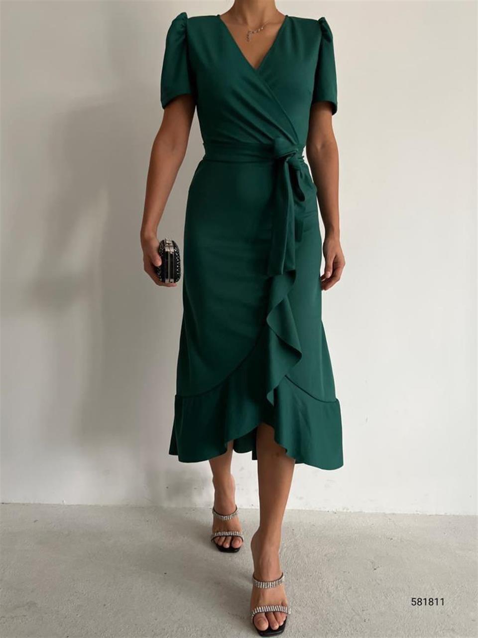 Crep Dokuma Kumaş Kruvaze Yaka Volan Detaylı Midi Boy Elbise