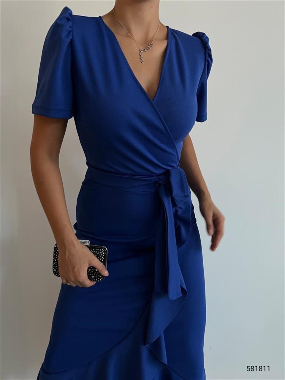 Crep Dokuma Kumaş Kruvaze Yaka Volan Detaylı Midi Boy Elbise