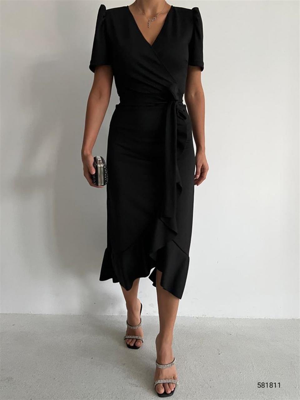 Crep Dokuma Kumaş Kruvaze Yaka Volan Detaylı Midi Boy Elbise