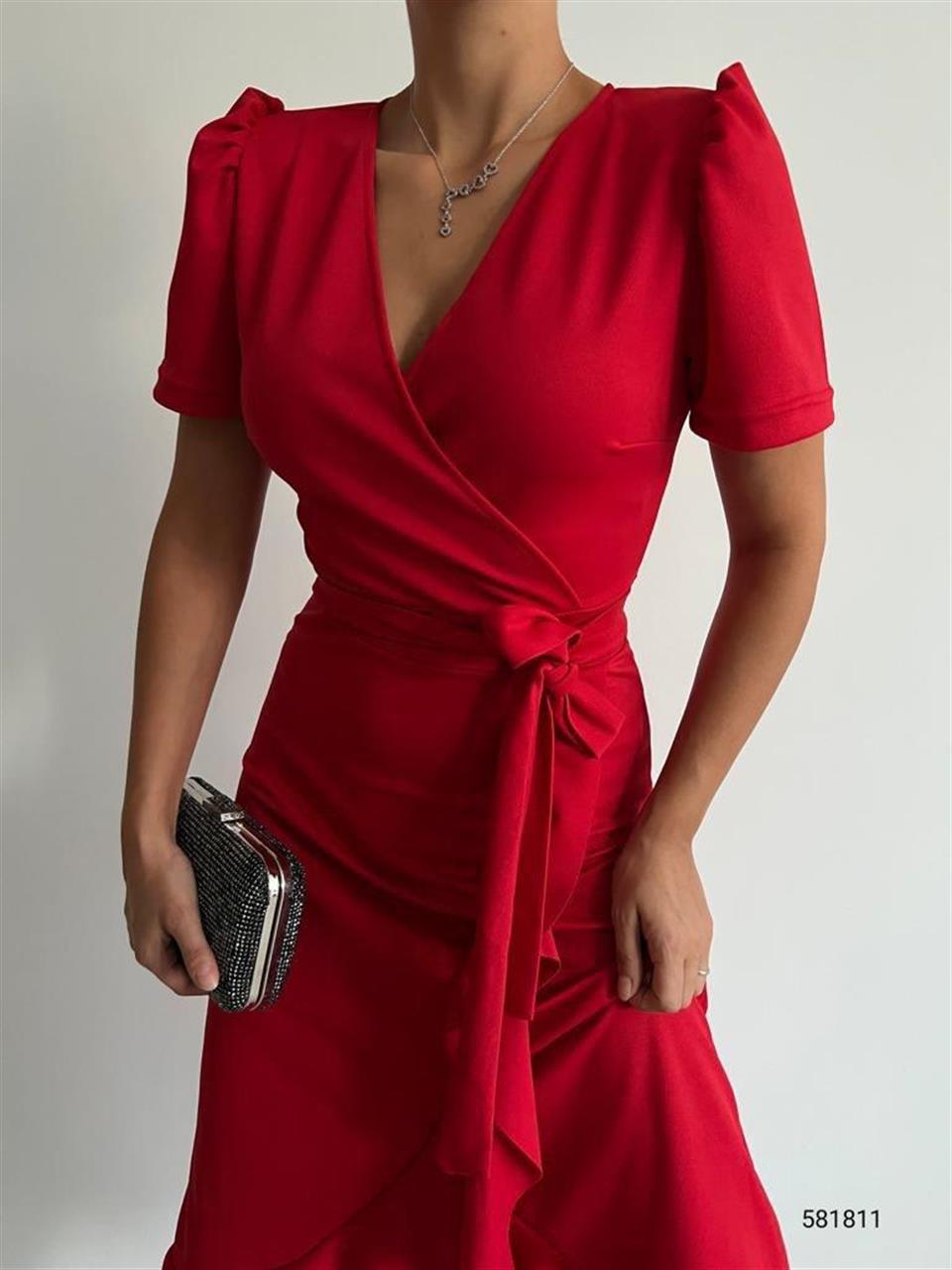 Crep Dokuma Kumaş Kruvaze Yaka Volan Detaylı Midi Boy Elbise