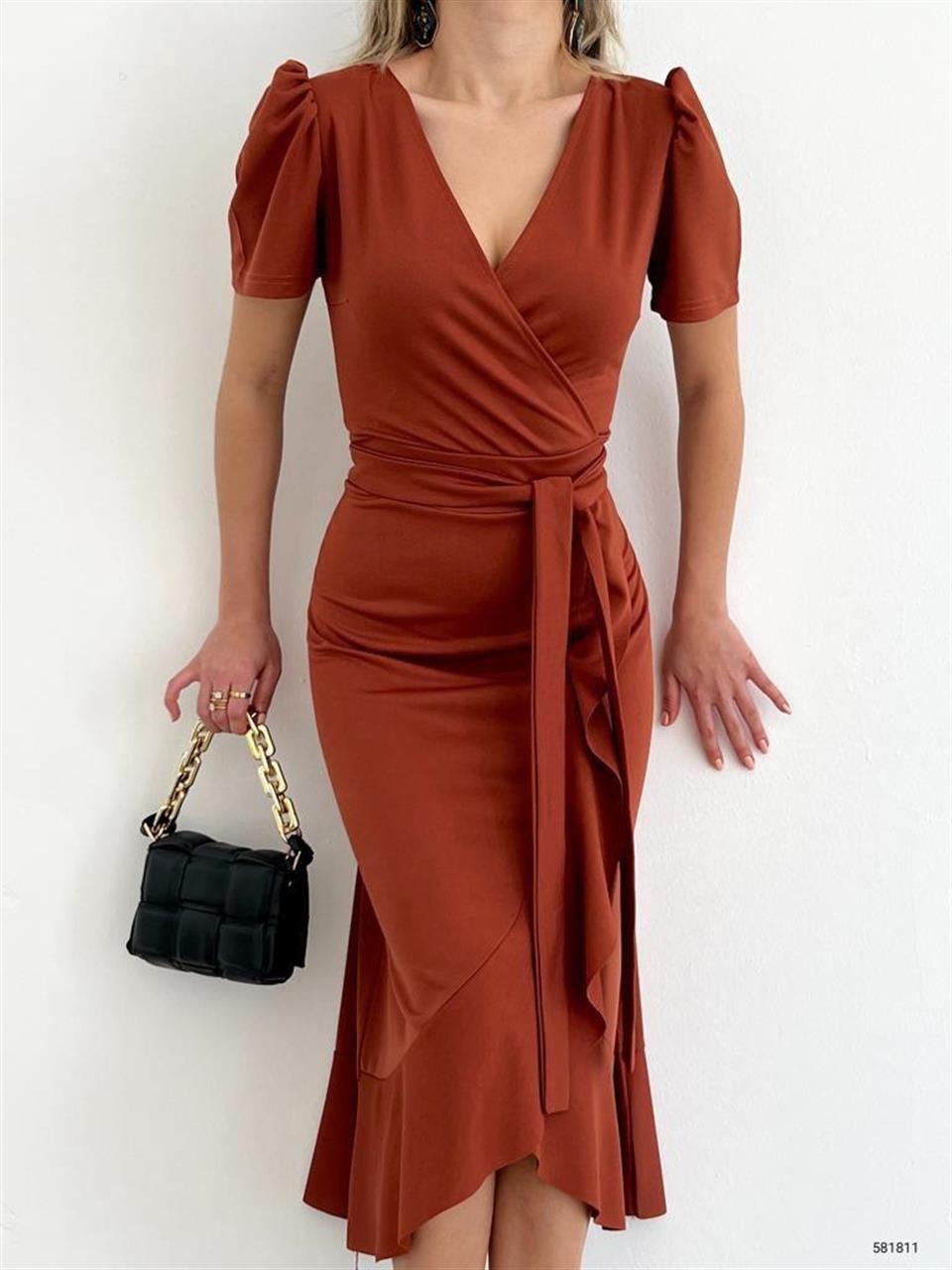 Crep Dokuma Kumaş Kruvaze Yaka Volan Detaylı Midi Boy Elbise