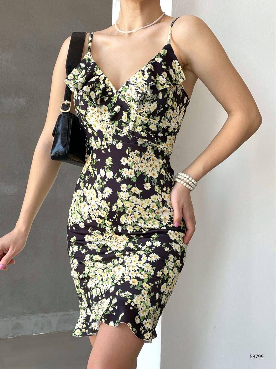 Crep Dokuma Kumaş Papatya Desenli Askılı Volan Detay Tasarım Elbise