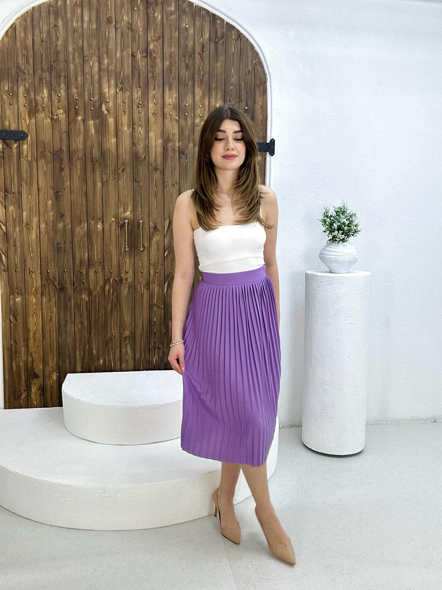 Crep Dokuma Kumaş Pliseli Çiçek Desen Midi Boy Etek 