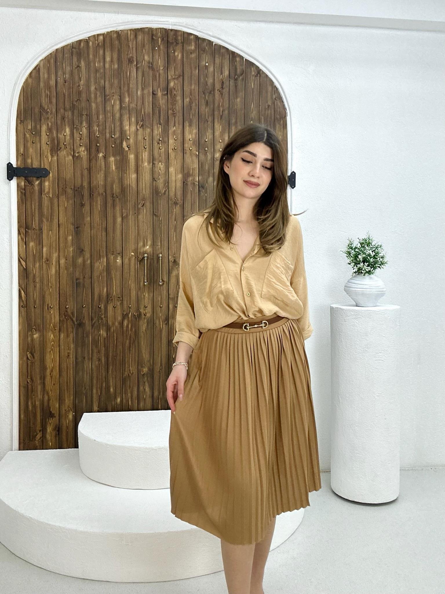 Crep Dokuma Kumaş Pliseli Çiçek Desen Midi Boy Etek 