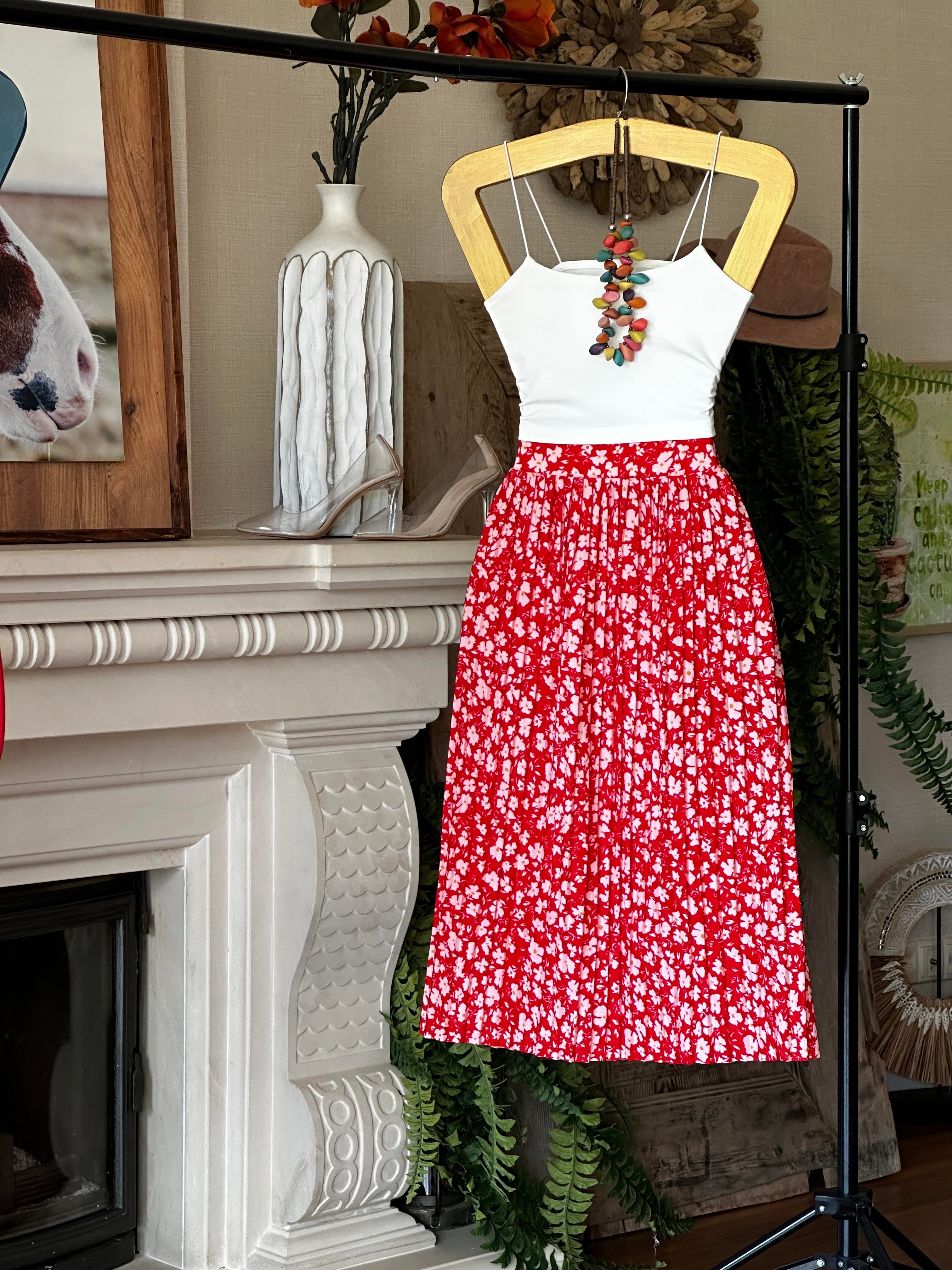 Crep Dokuma Kumaş Pliseli Çiçek Desen Midi Boy Etek 