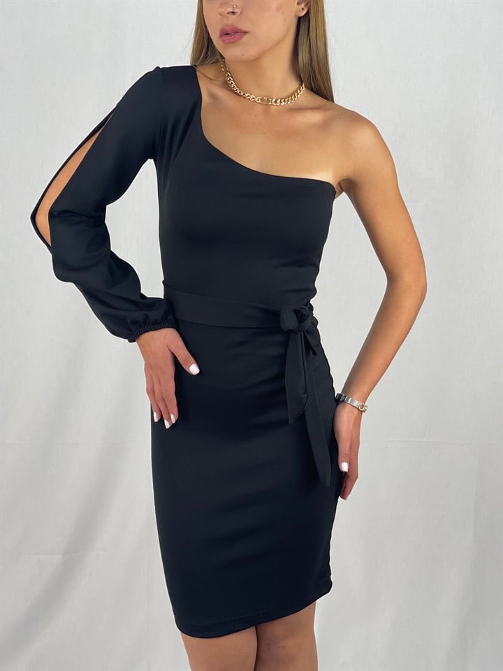 Crep Dokuma Kumaş Tek Kol Pencereli Kalem Elbise