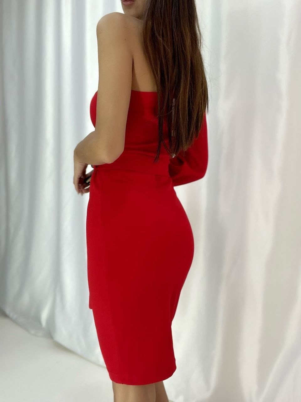 Crep Dokuma Kumaş Tek Kol Pencereli Kalem Elbise