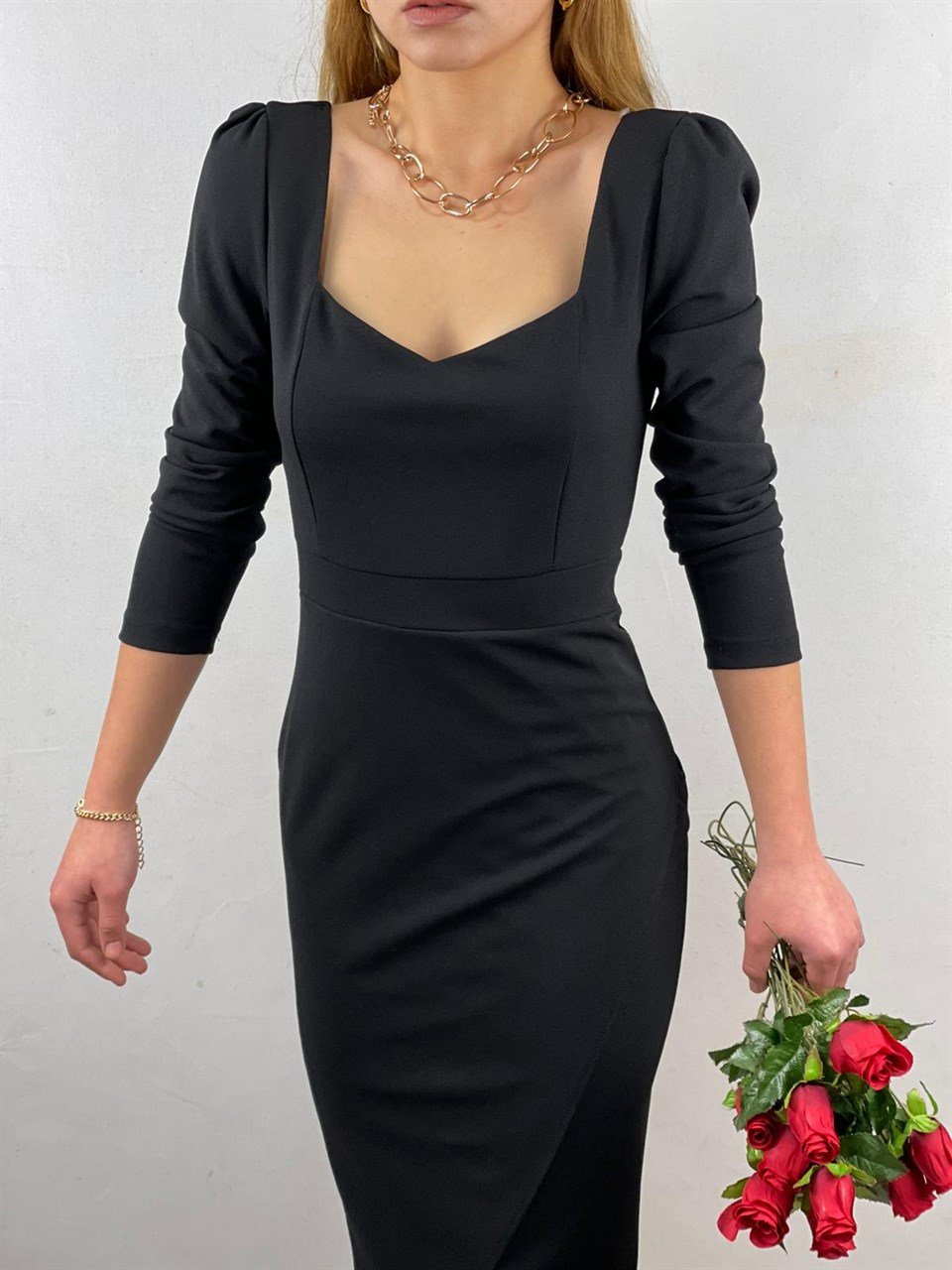 Crep Dokuma Kumaş Zarf Etekli Midi Boy Elbise