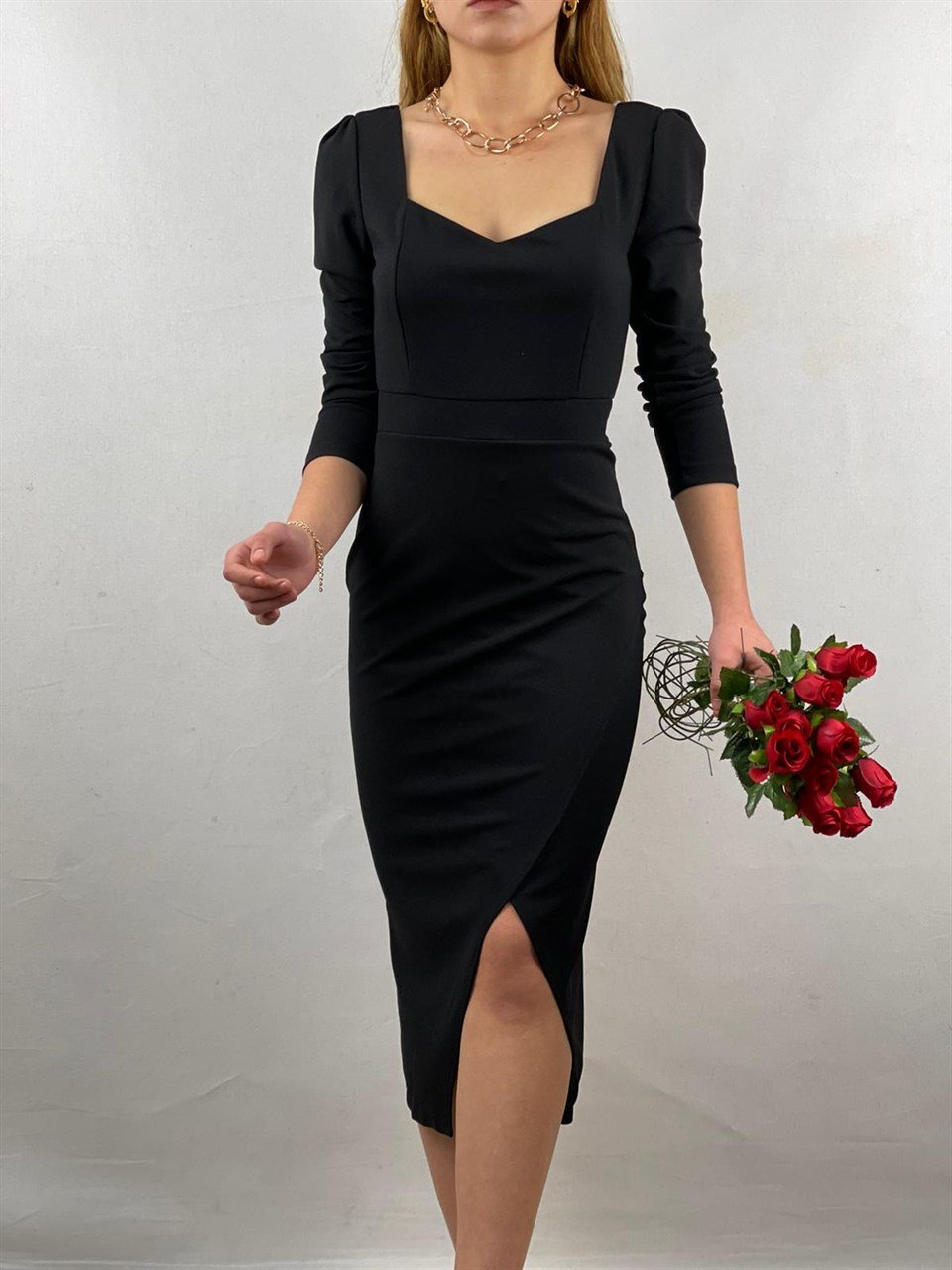 Crep Dokuma Kumaş Zarf Etekli Midi Boy Elbise