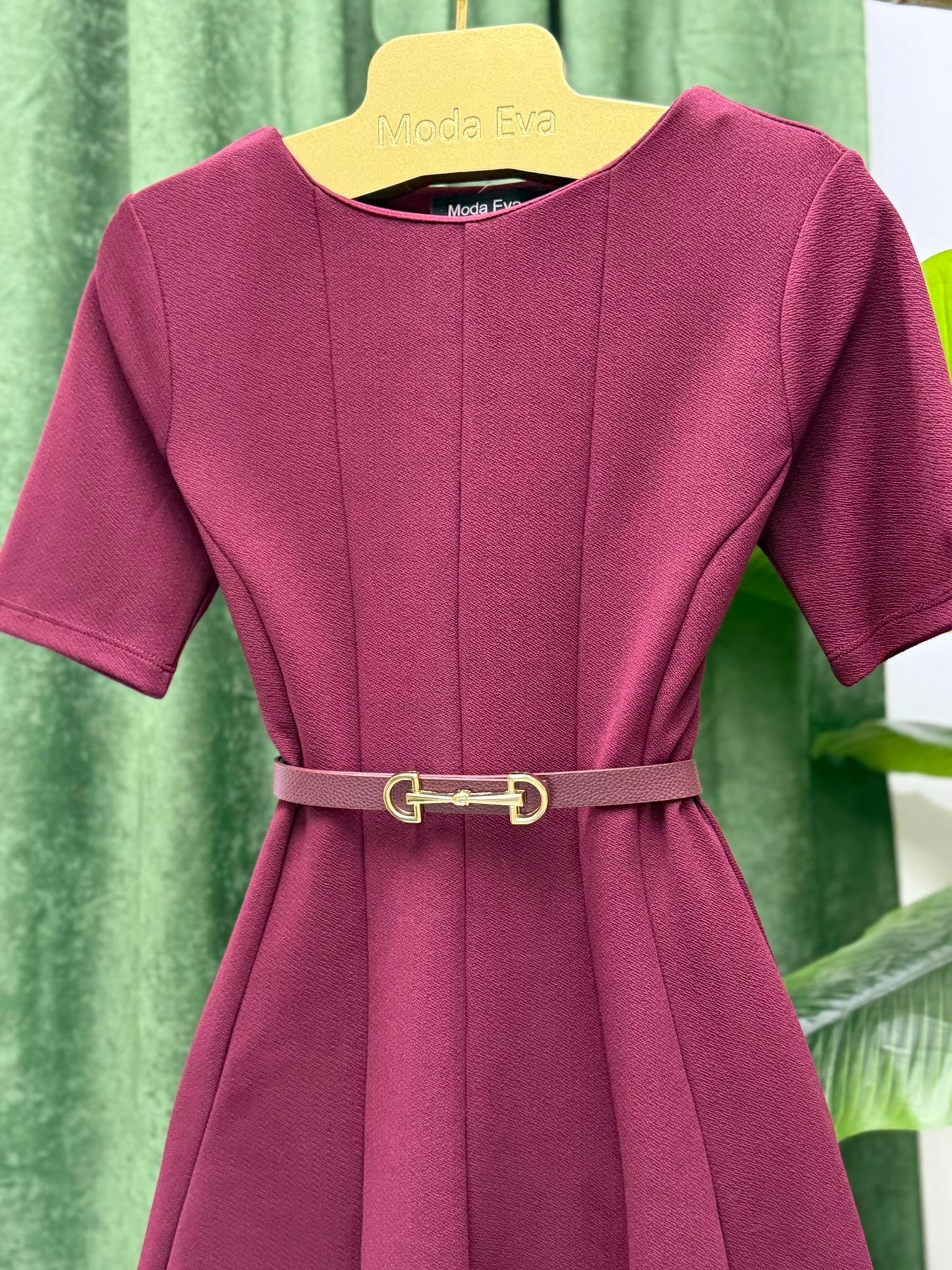 Crep Kumaş Kısa Kol Eteği Kloş Parça Dikişli Elbise Bordo