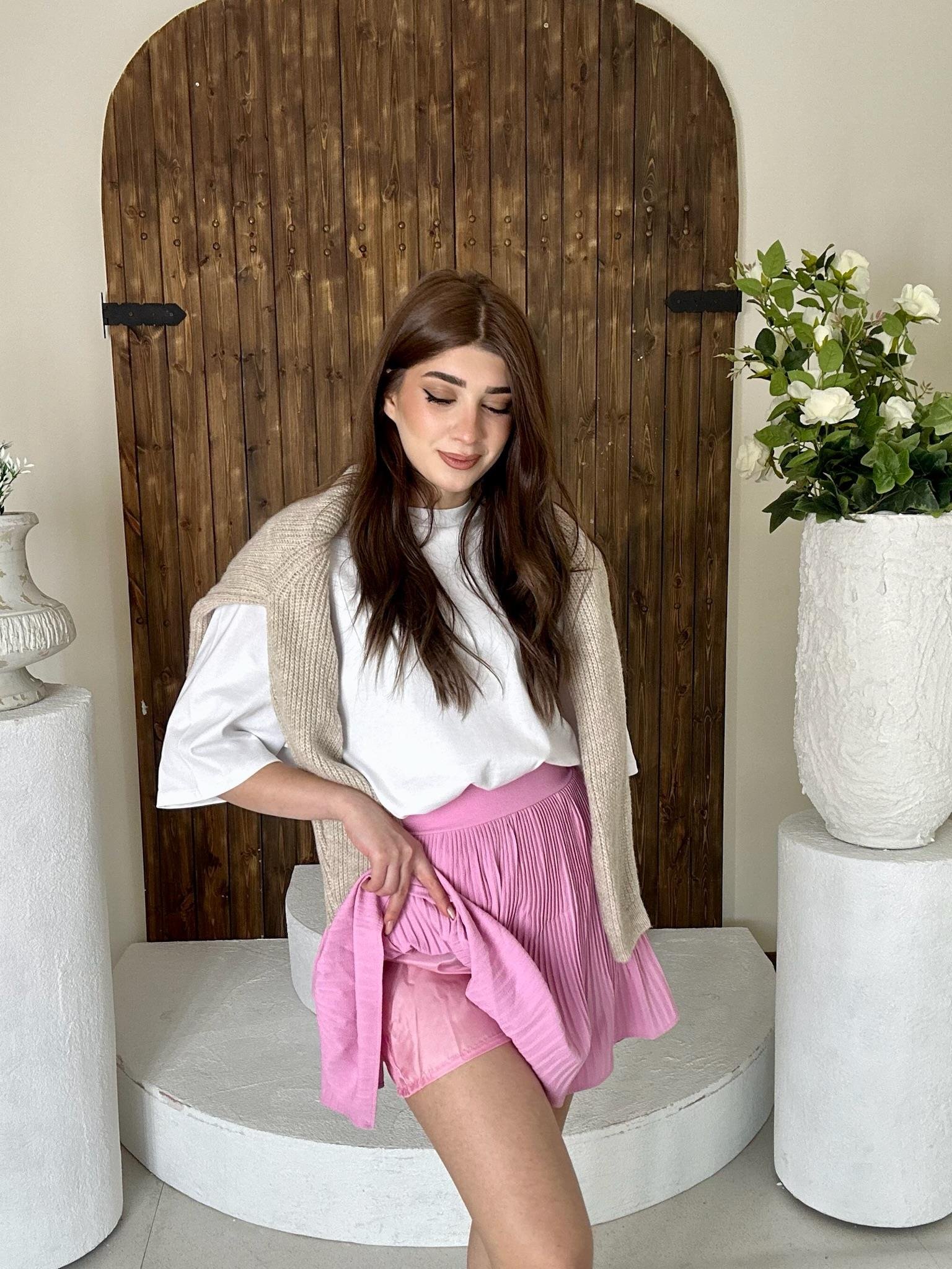 Crep Kumaş Pliseli Şort Etek Pembe