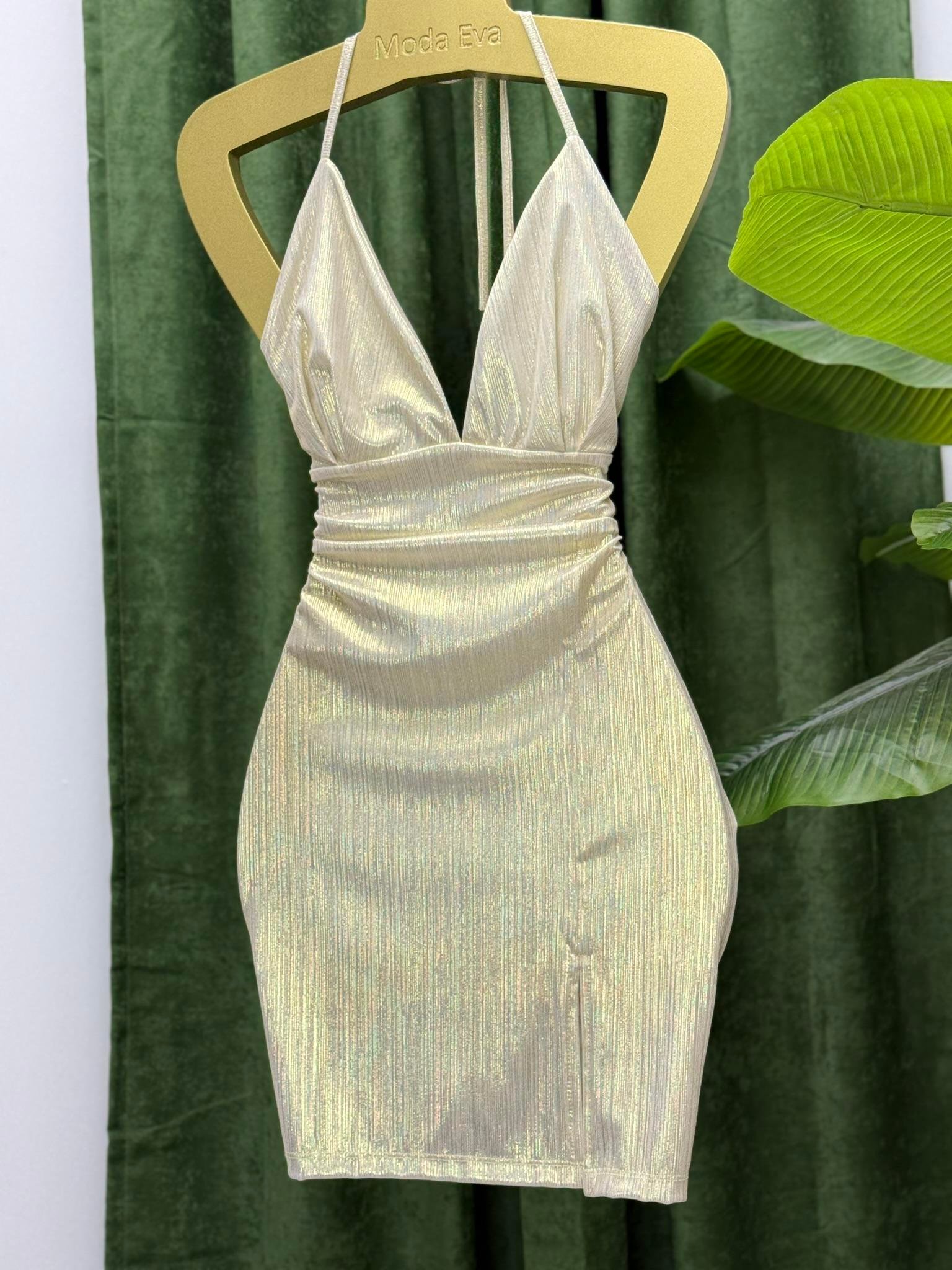 Derin V Yaka Boyundan Bağlamalı Tasarım Parlak Mini Elbise Gold