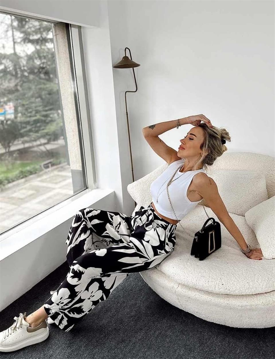 Desenli Salaş Keten Palazzo Pantolon