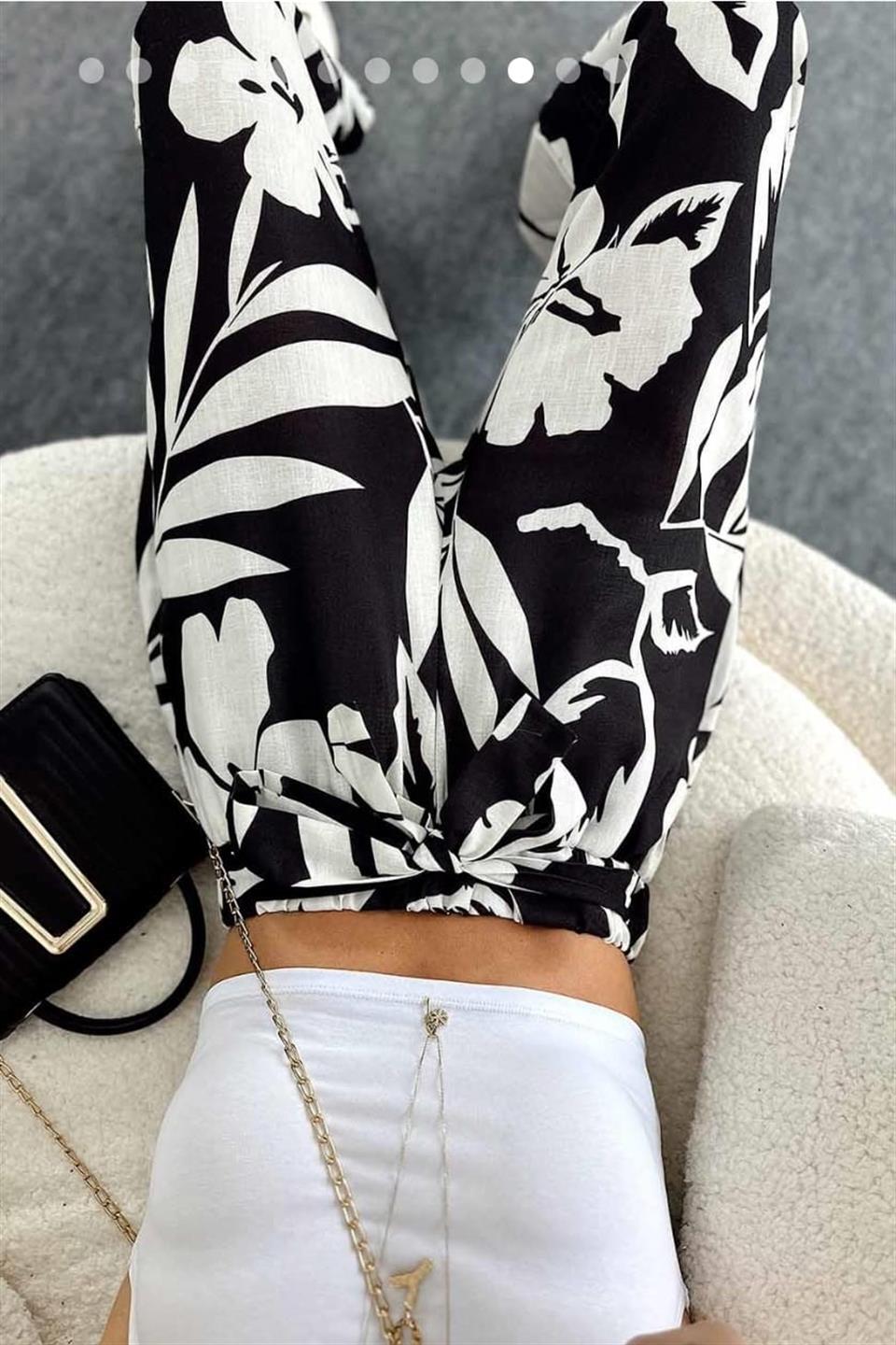 Desenli Salaş Keten Palazzo Pantolon