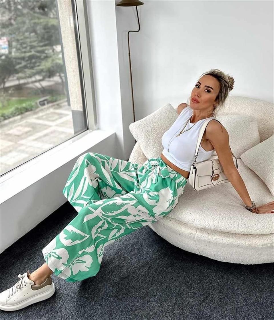 Desenli Salaş Keten Palazzo Pantolon