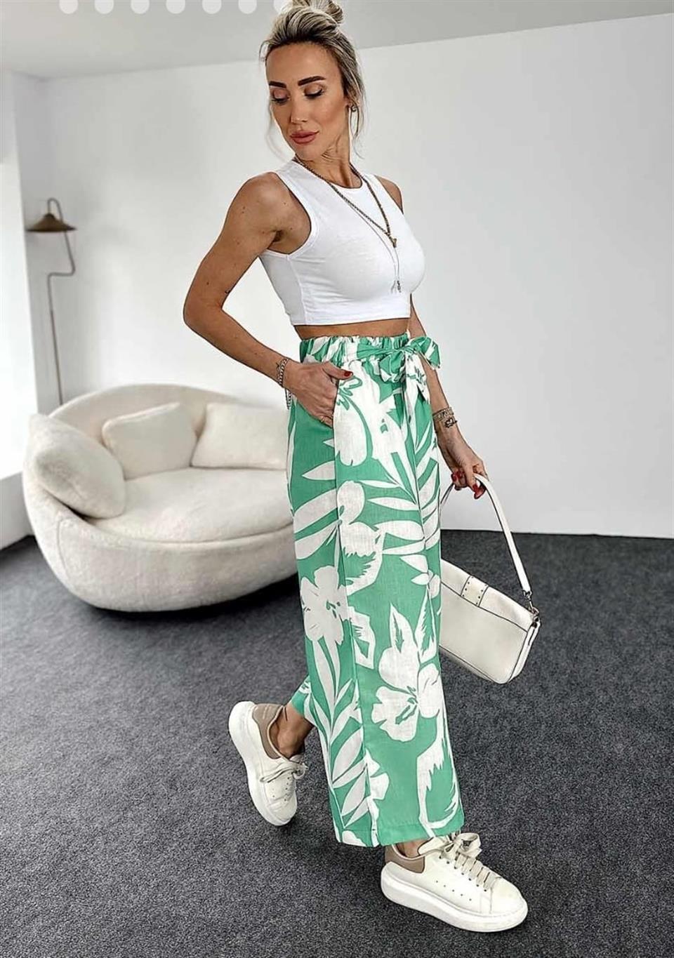 Desenli Salaş Keten Palazzo Pantolon