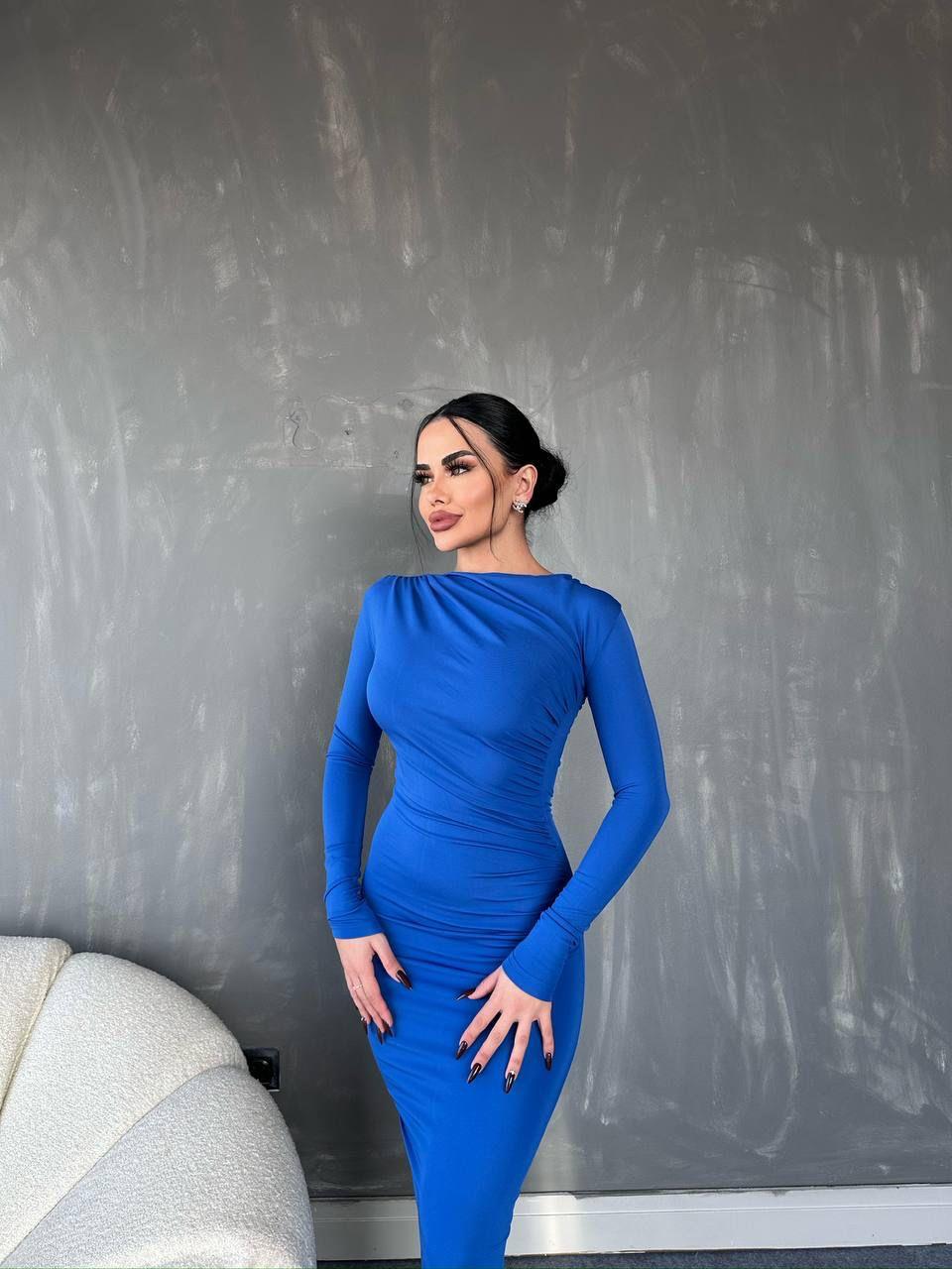 Dijital Scuba Kumaş Omuzdan Drapeli Uzun Elbise