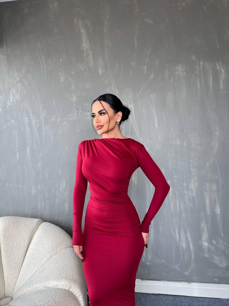 Dijital Scuba Kumaş Omuzdan Drapeli Uzun Elbise