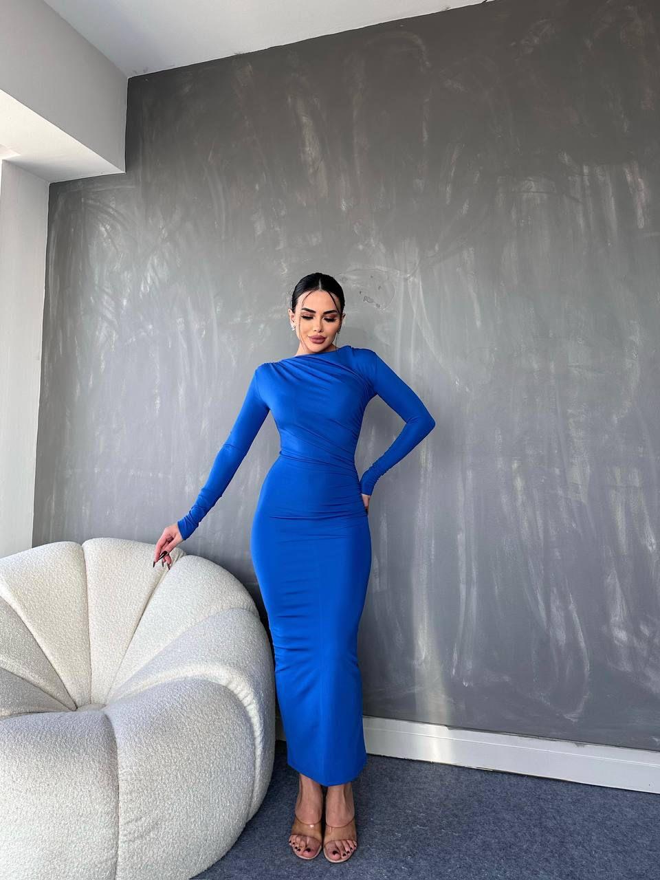 Dijital Scuba Kumaş Omuzdan Drapeli Uzun Elbise