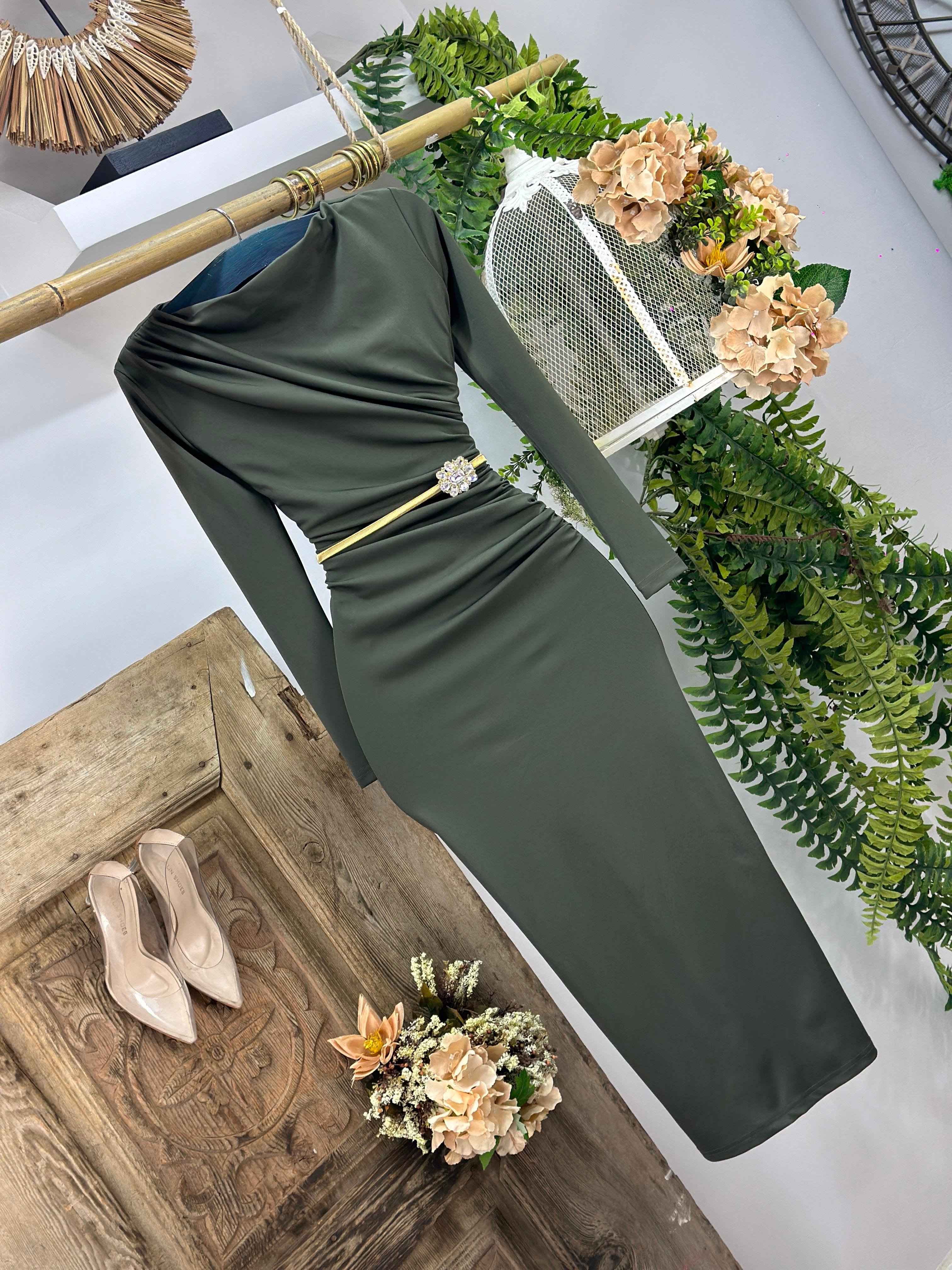 Dijital Scuba Kumaş Omuzdan Drapeli Uzun Elbise