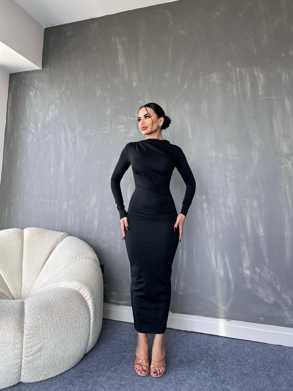 Dijital Scuba Kumaş Omuzdan Drapeli Uzun Elbise