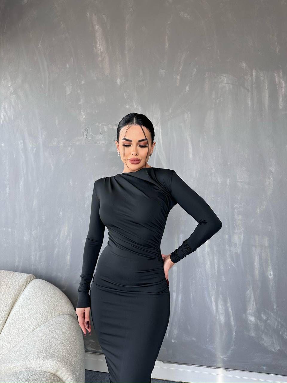 Dijital Scuba Kumaş Omuzdan Drapeli Uzun Elbise