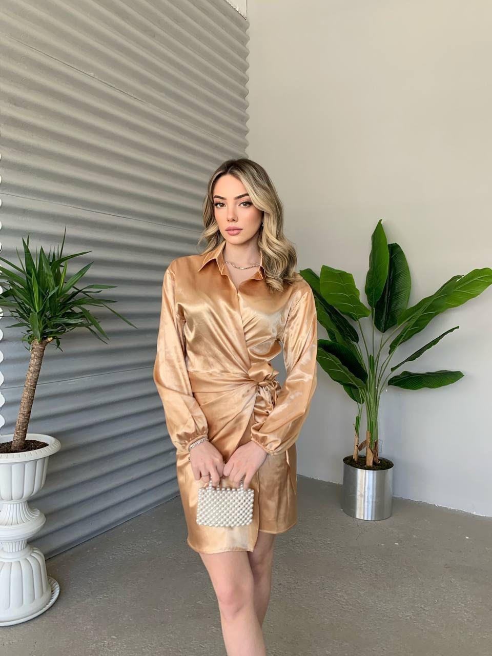 Dokulu İpek Saten Kumaş Gömlek Yaka Anvalop Tasarım Elbise