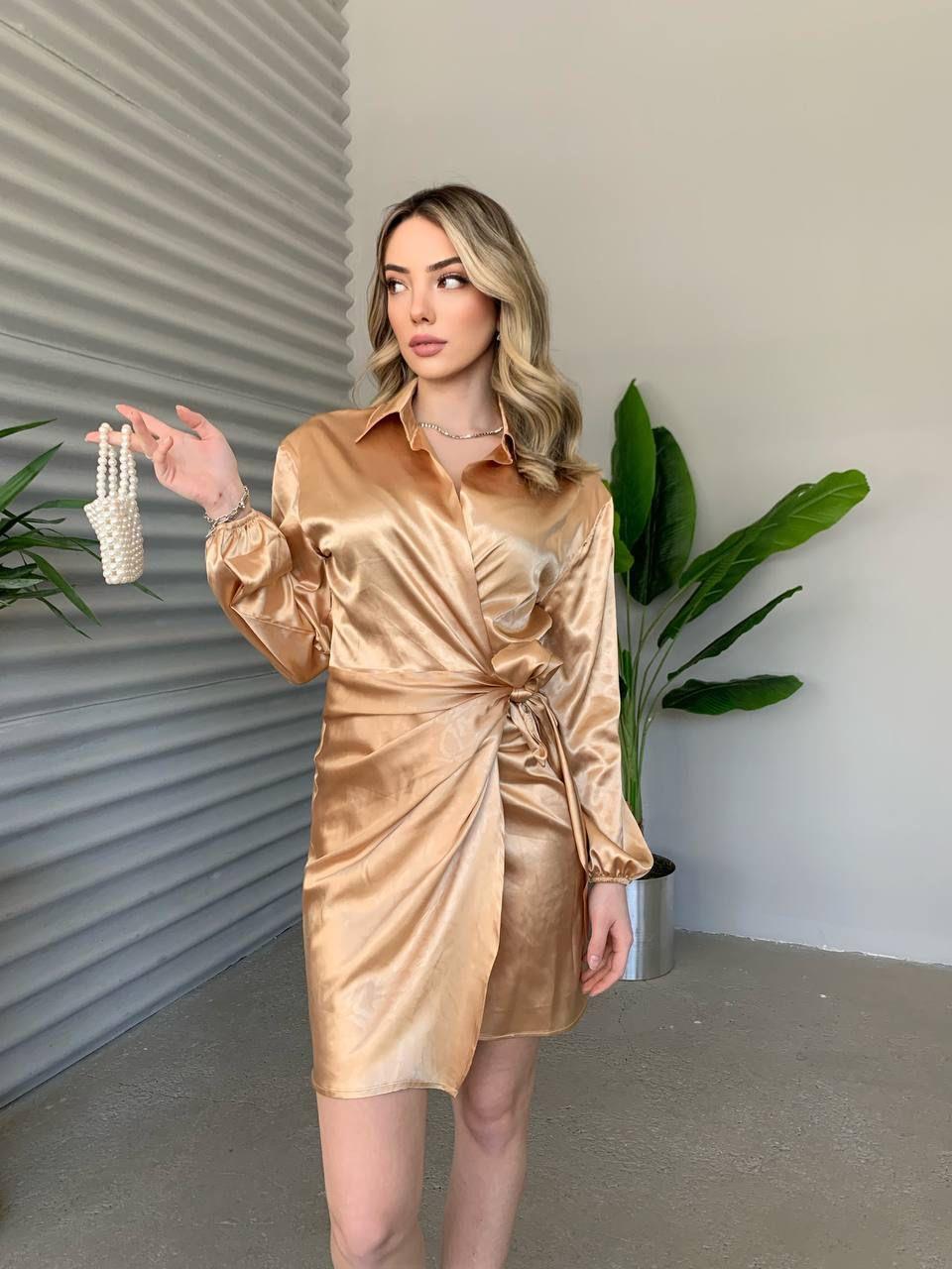 Dokulu İpek Saten Kumaş Gömlek Yaka Anvalop Tasarım Elbise