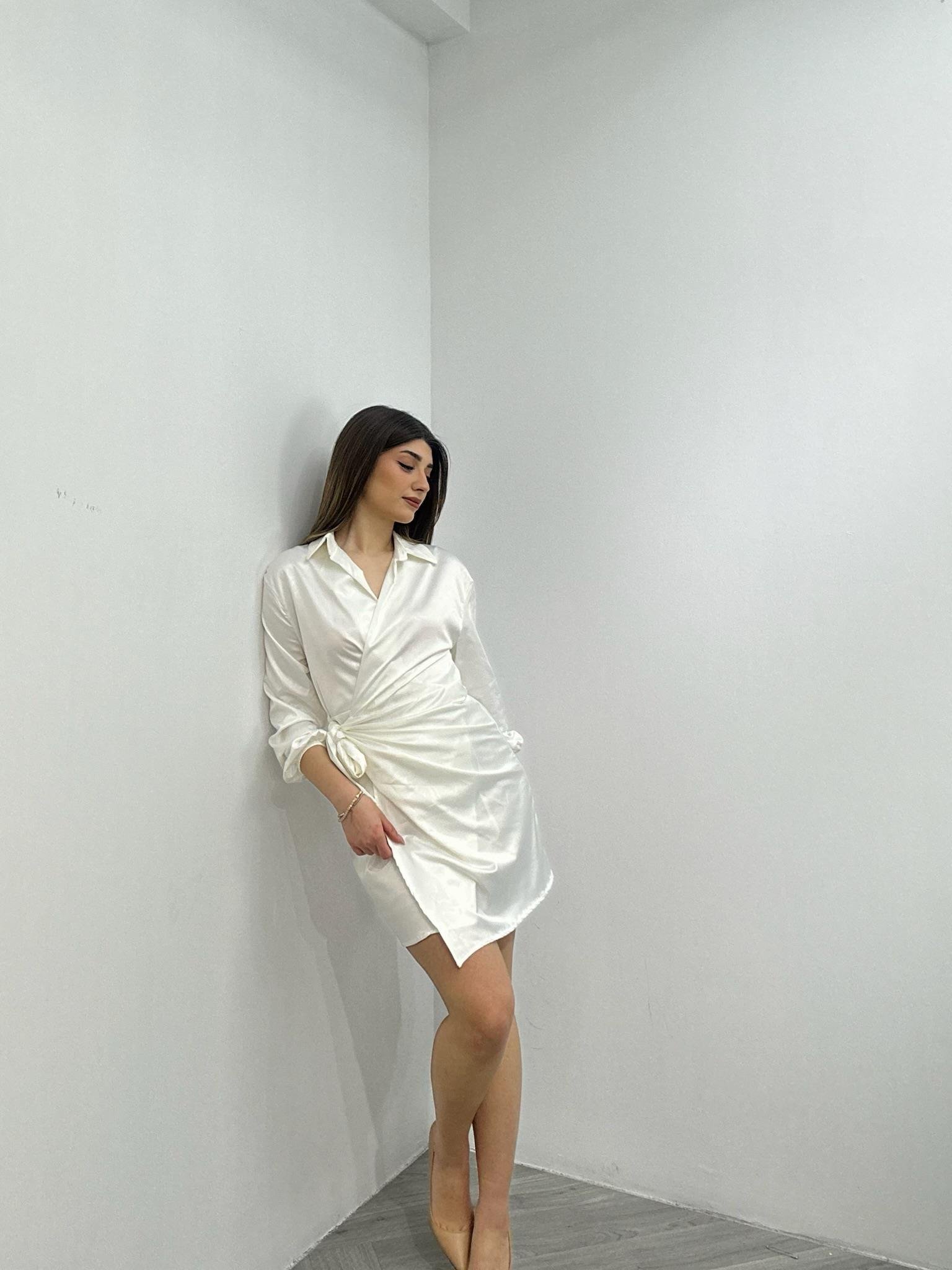 Dokulu İpek Saten Kumaş Gömlek Yaka Anvalop Tasarım Elbise