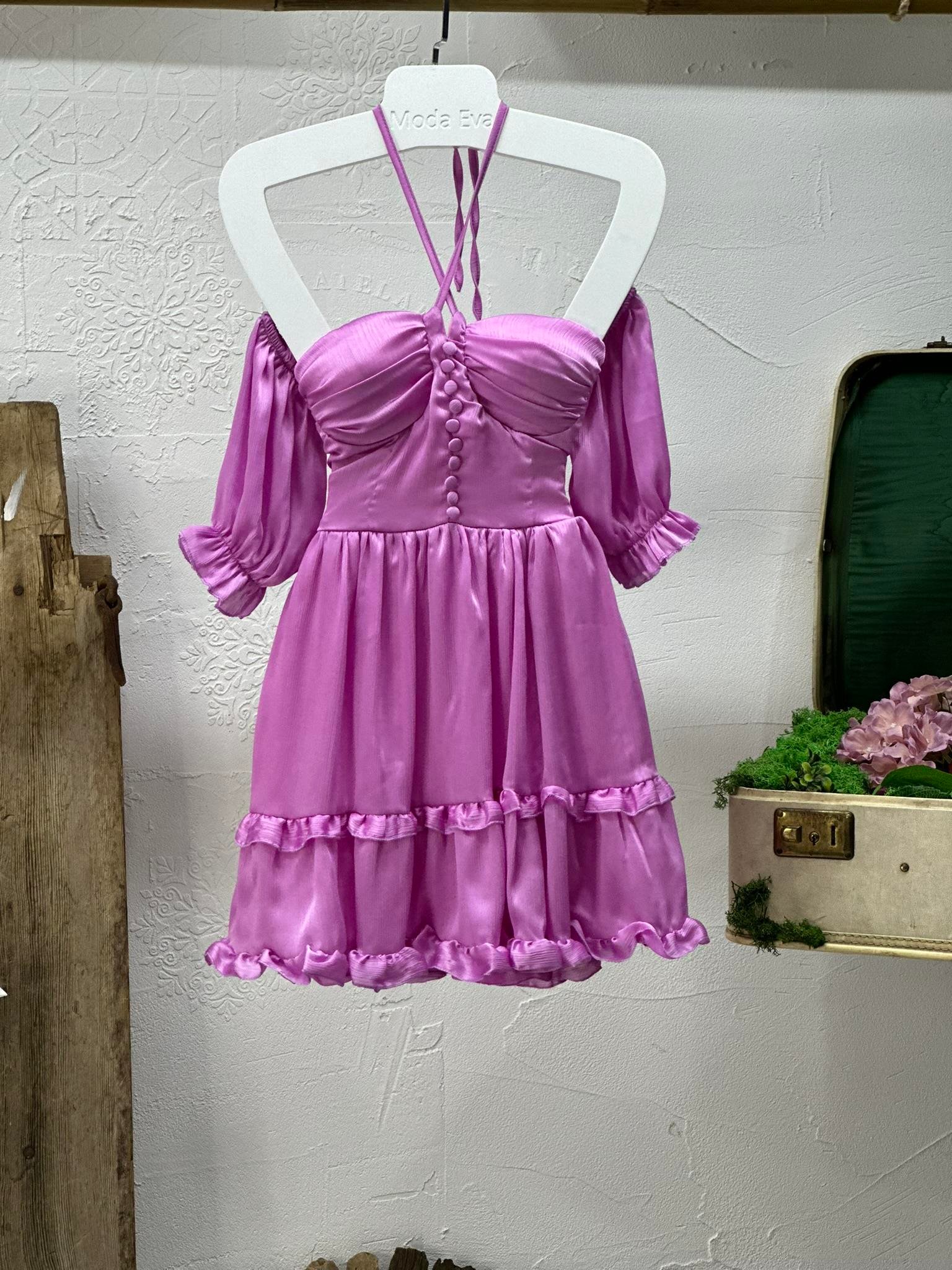 Dokulu Şifon Kumaş Düşük Kol Tasarım Kloş Elbise