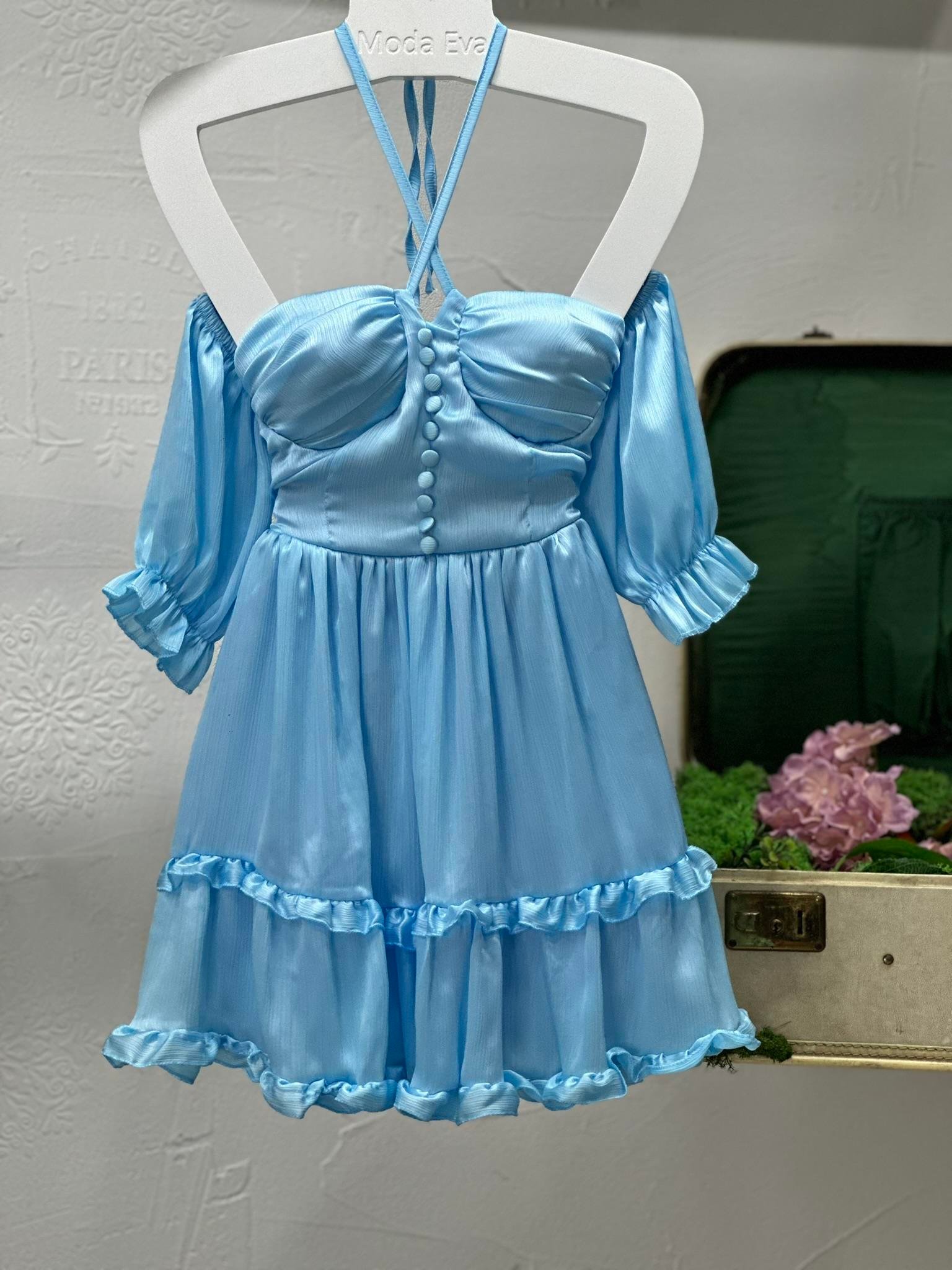 Dokulu Şifon Kumaş Düşük Kol Tasarım Kloş Elbise