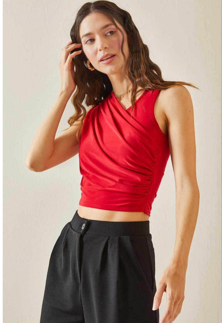 Drape Detaylı Sandy Kumaş Sıfır Kol Bluz